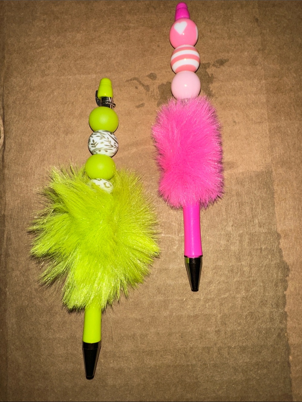 Handmade Fluffy Bead Top Kids Pen - Pink and Neon Green 🦩